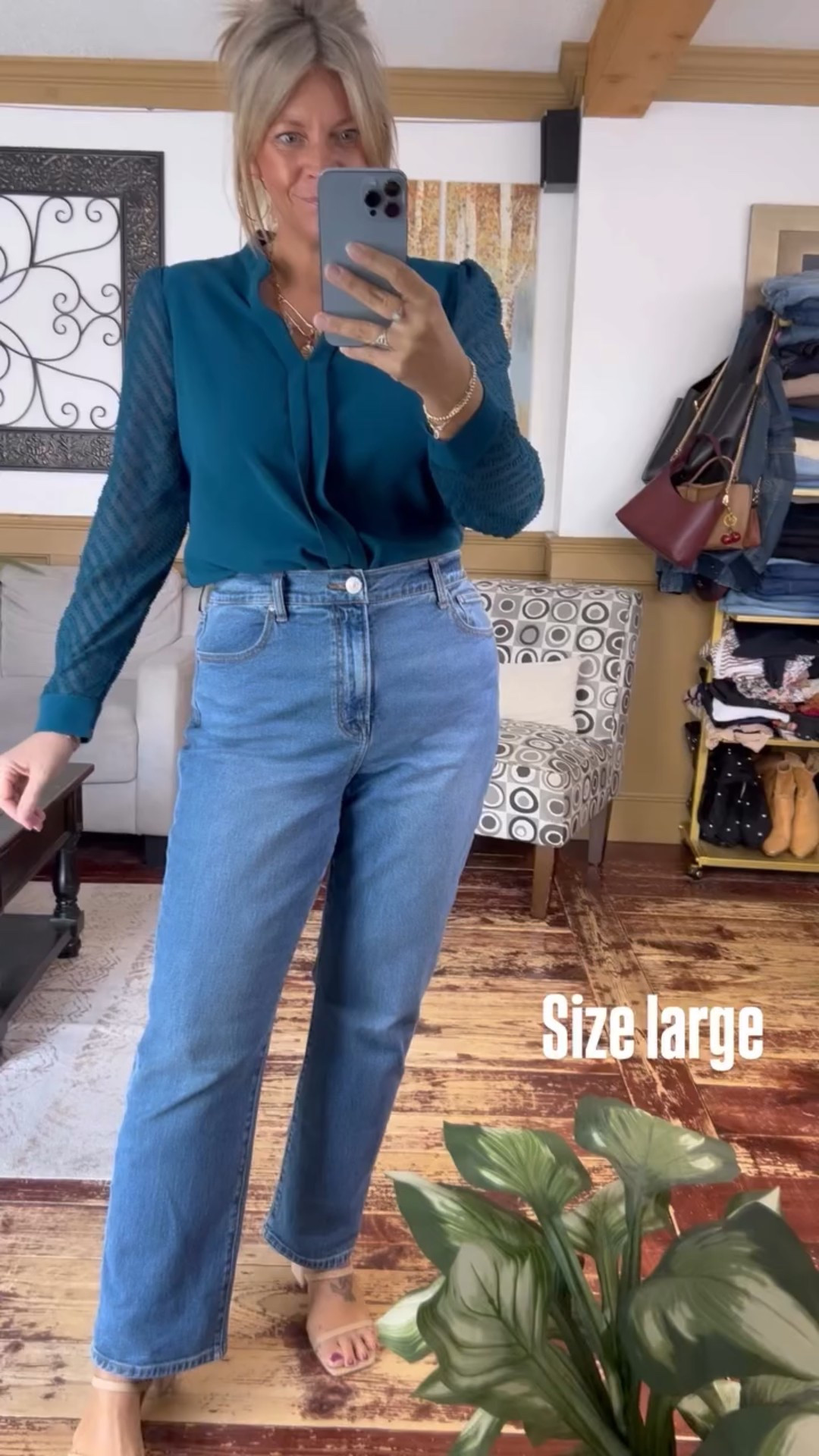 Size large in this lovely semi sheer sleeve blouse and size 14 in the straight leg jeans. 

#LTKWorkwear #LTKOver40 #LTKMidsize