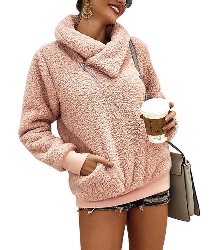 KIRUNDO 2019 Women’s Winter Lapel Sweatshirt Faux Shearling Shaggy Warm Leopard Pullover Zipped... | Amazon (US)