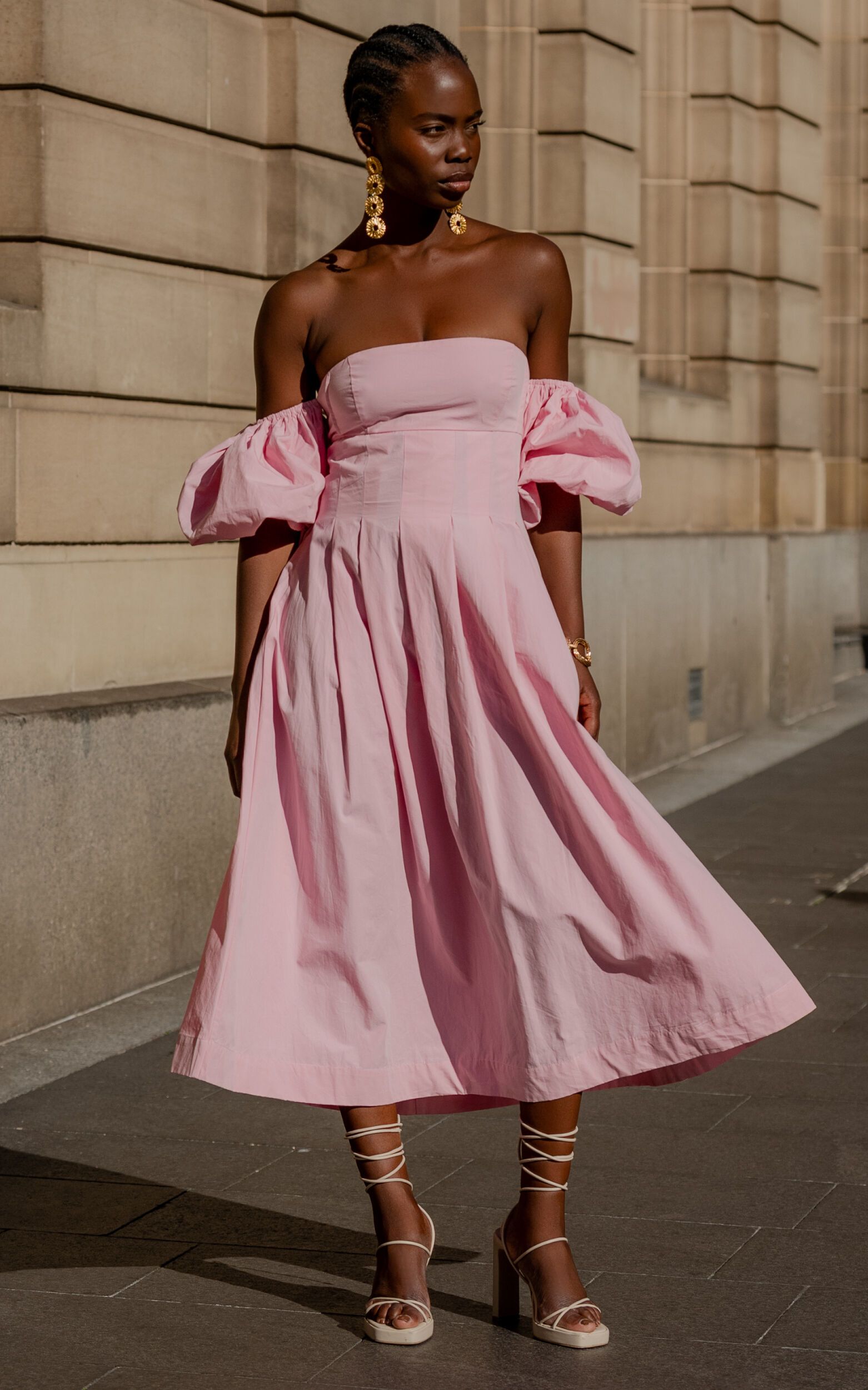 Geloe Structured Off Shoulder Puff Midi Dress in Pink | Showpo (ANZ)
