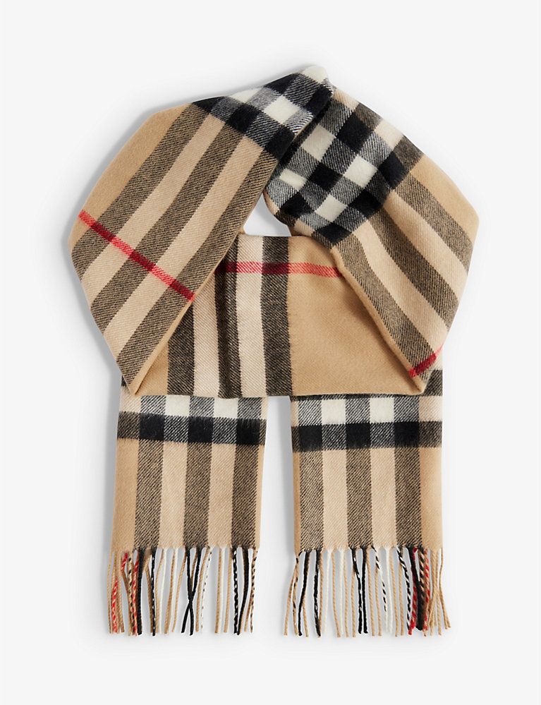 BURBERRY Giant Check fringed cashmere scarf | Selfridges