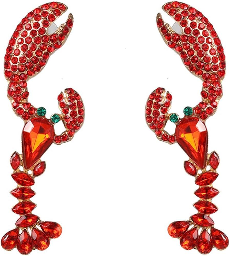 Red Rhinestone Crayfish Dangle Earrings for Women Girls Lobster Crystal Drop Dangling Studs Earin... | Amazon (US)