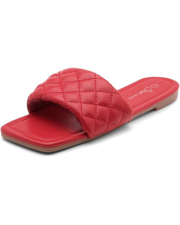 Shoe Land Anisha Women's Slides Square Open Toe Quilted Single Band Slip on Flat Sandals | Amazon (US)
