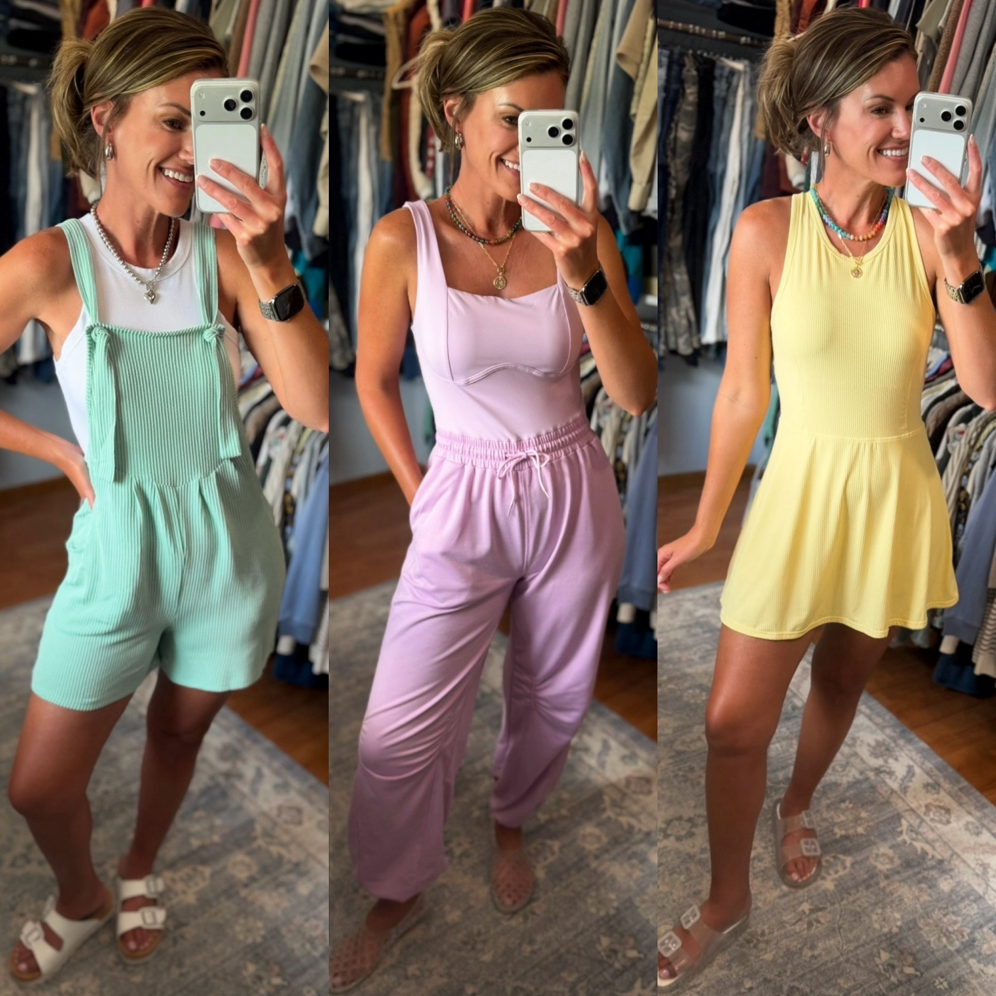 Amazon one piece finds. 💚💜💛 throw on and go outfits perfect for Summerr
Wearing size medium in all 3 styles. 