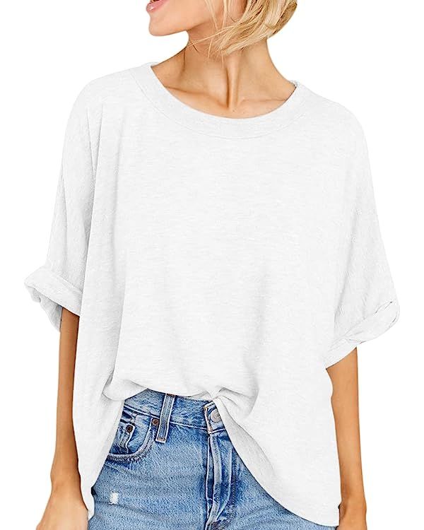 Langwyqu Womens' Short Sleeve Oversized Summer Crew Neck Loose Casual Tee T-Shirt | Amazon (US)