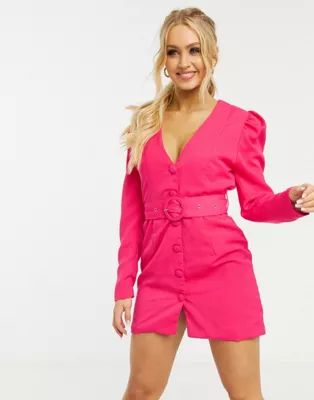 Unique21 belted puff sleeve blazer dress in pink | ASOS (Global)