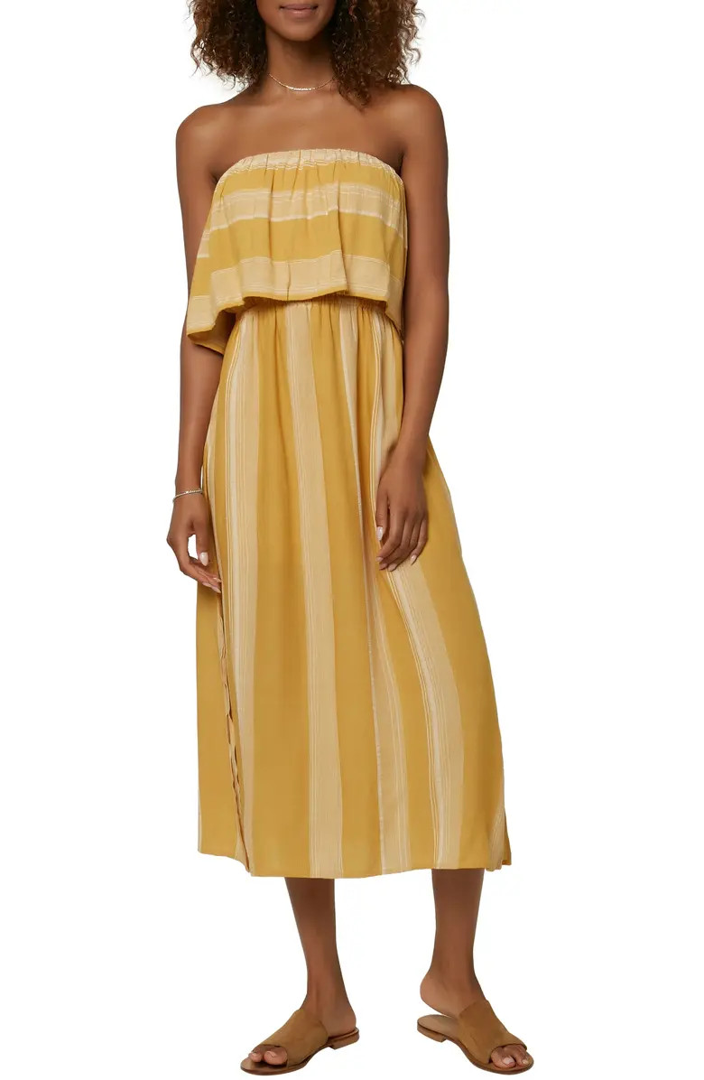 Koia Stripe Ruffle Strapless Midi Dress | Nordstrom