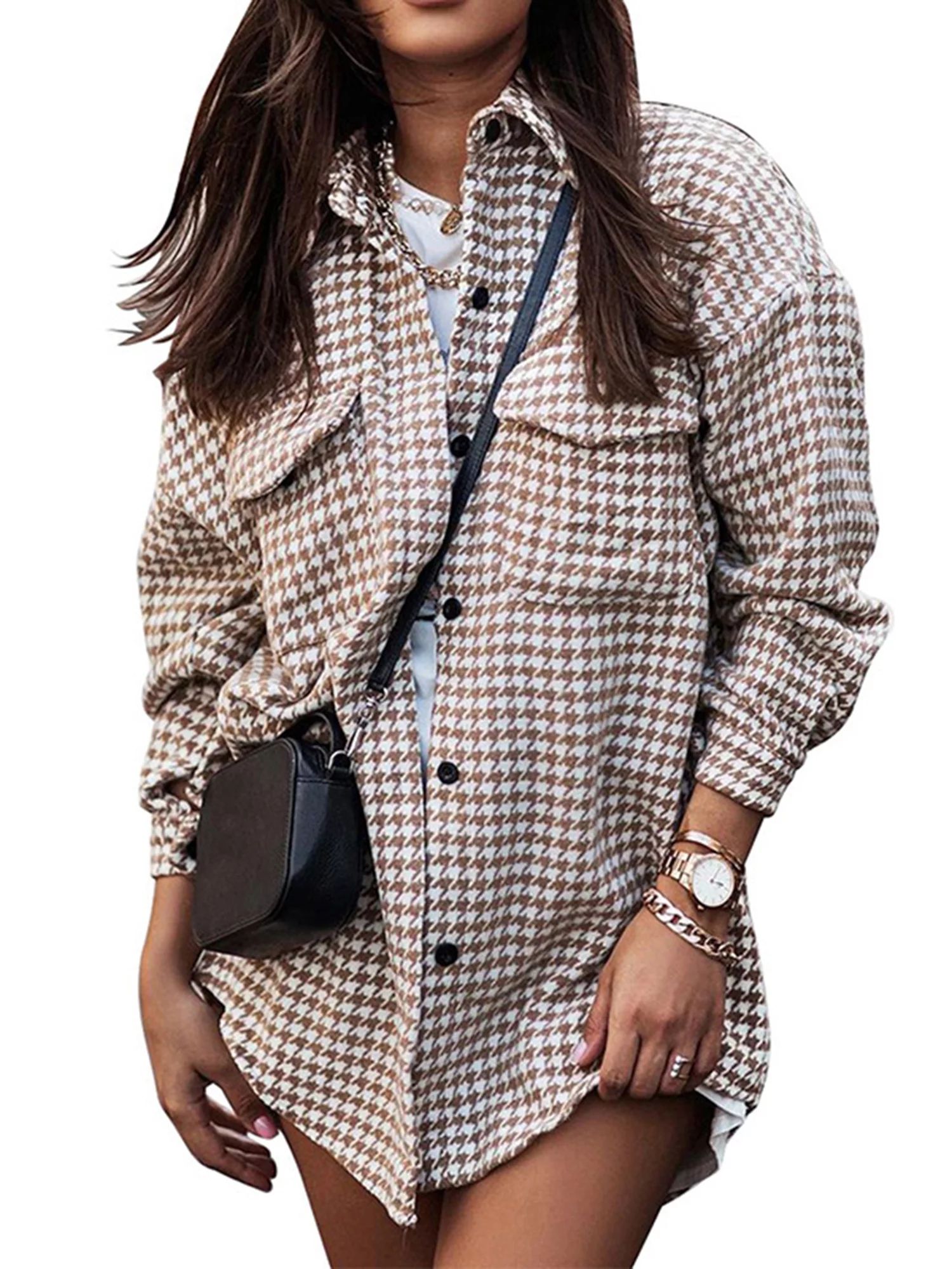 Women's Houndstooth Long Sleeve Button Down Casual Loose Pocketed Shacket Shirt Jacket Coat - Wal... | Walmart (US)