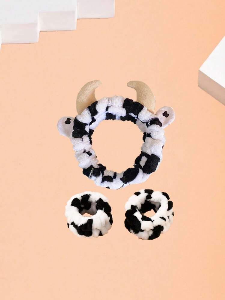1pc Cow Pattern Bath Headband & 2pcs Bath Wrist Band, Polyester Cow Decor Facial Makeup Headband ... | SHEIN