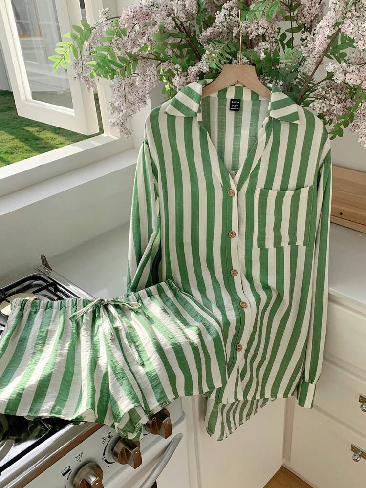 Comfortcana Fall Women Clothes Two Pieces Set New Autumn Green Woven Striped Print Long Sleeve Top And Shorts 2pcs Casual Women Set Shirt Sets For Women Shirts For Summer Shirts For Women Summer | SHEIN