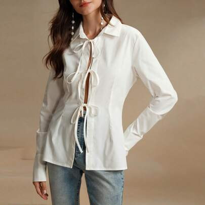 Classic White Twist-Knot Waist Long Sleeve Blouse For Women Women Shirt | SHEIN