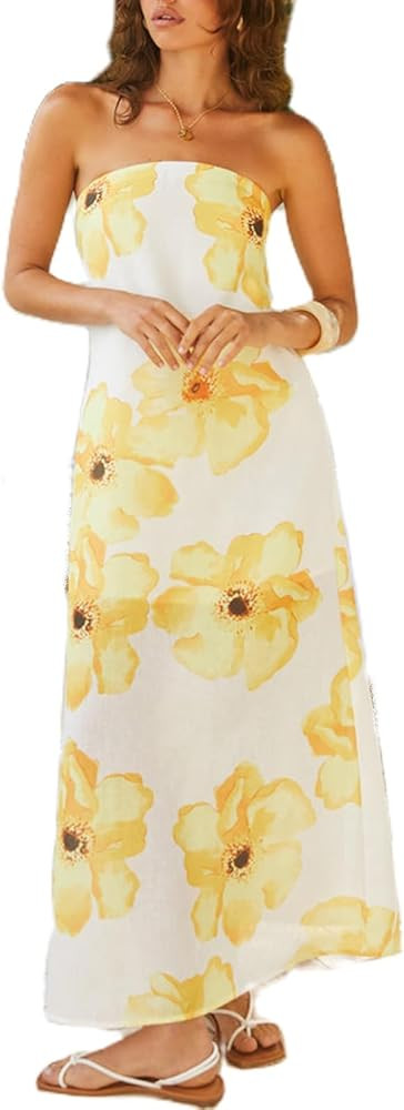 Zwirelz Women Strapless Maxi Dress Boho Floral Print Flowy Long Tube Dress Off Shoulder Loose Bea... | Amazon (US)
