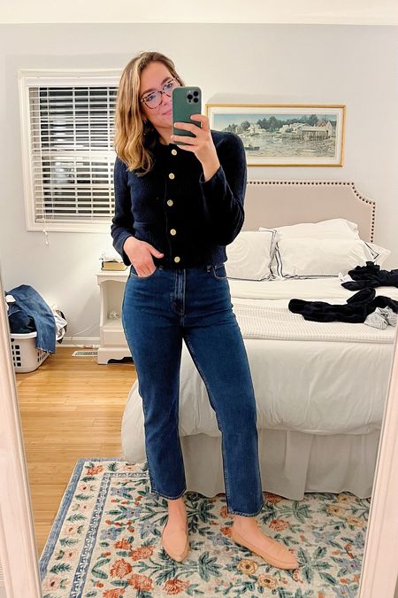New favorite jeans…own in two different shades, light and dark and size is the same! I typically size down…wearing a 28L (I’m 5’10). Wearing the navy blue cardigan in a size medium. Classic style, easy outfit, everyday style, lady jacket dupe 

#LTKfindsunder100 #LTKstyletip #LTKsalealert