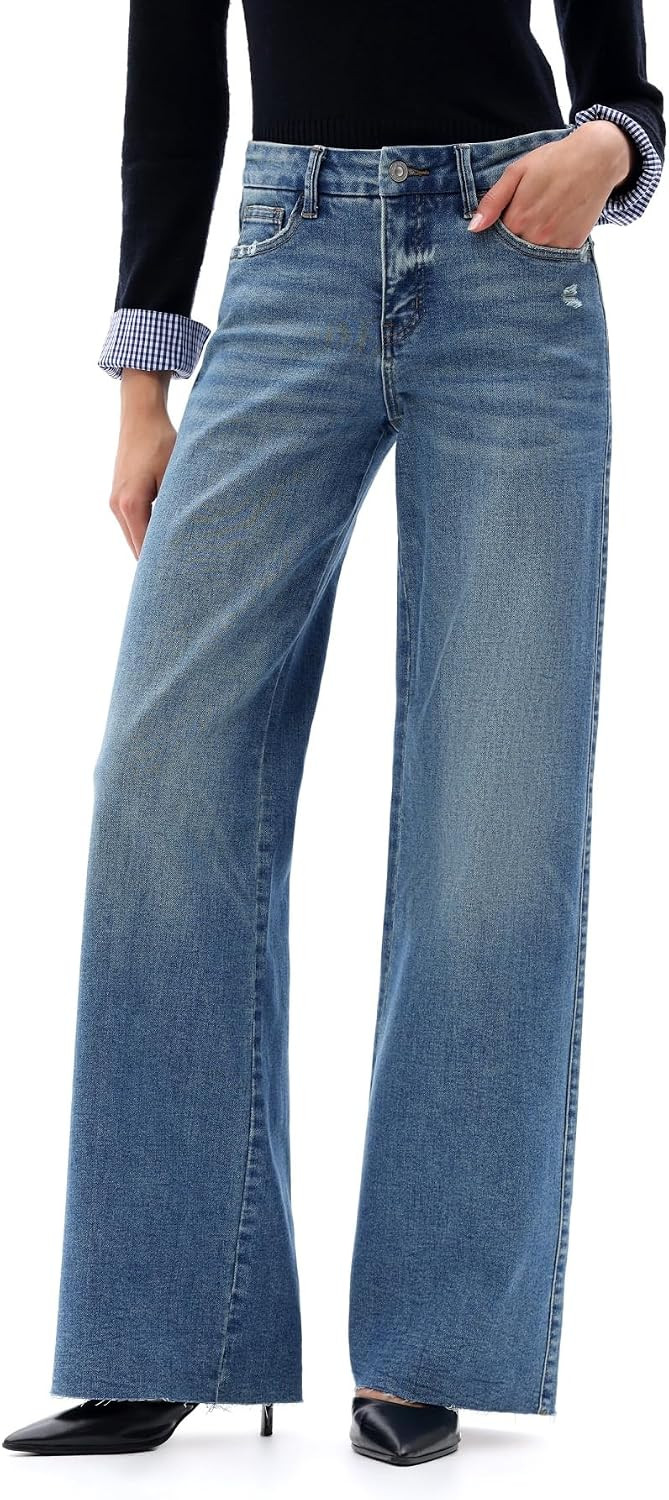 ONESO Women's Wide Leg Jeans Mid Rise High Stretch Denim Pants Raw Hem | Amazon (US)