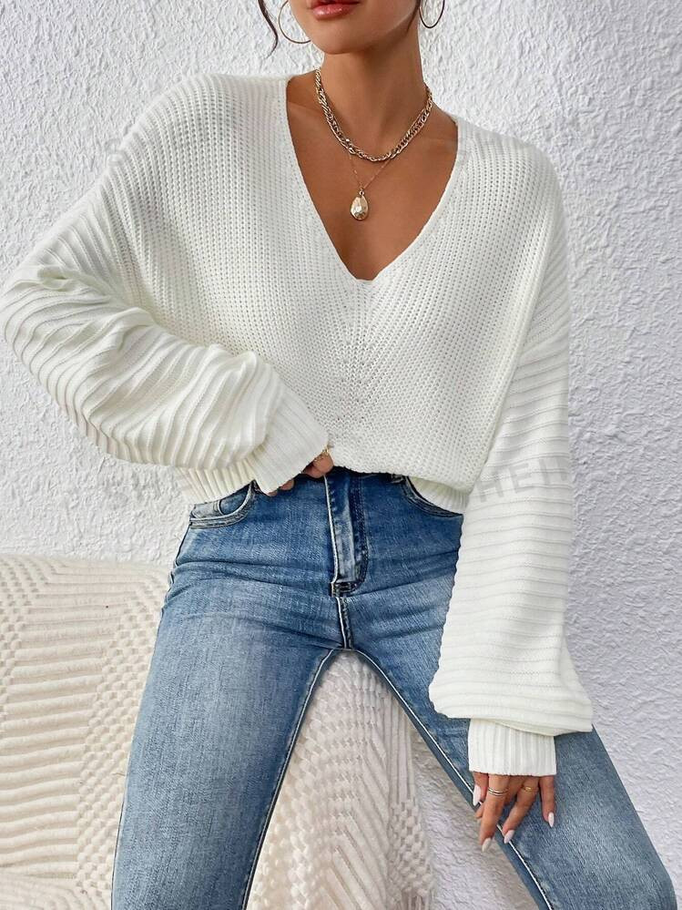 SHEIN Essnce Casual Simple V Neck Drop Shoulder Sweater | SHEIN