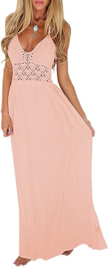 LILBETTER Women's Beach Crochet Backless Bohemian Halter Maxi Long Dress | Amazon (US)