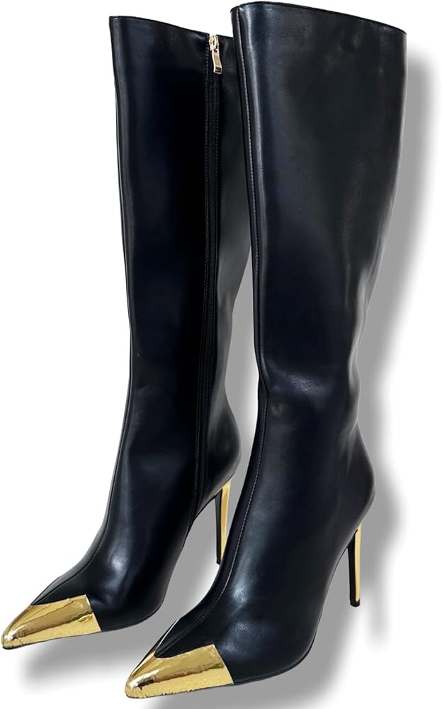 Frankie Hsu Ladies Sexy Stiletto Knee High Heeled Boots, Black Gold Tip Designer Style, Hot Girl ... | Amazon (US)