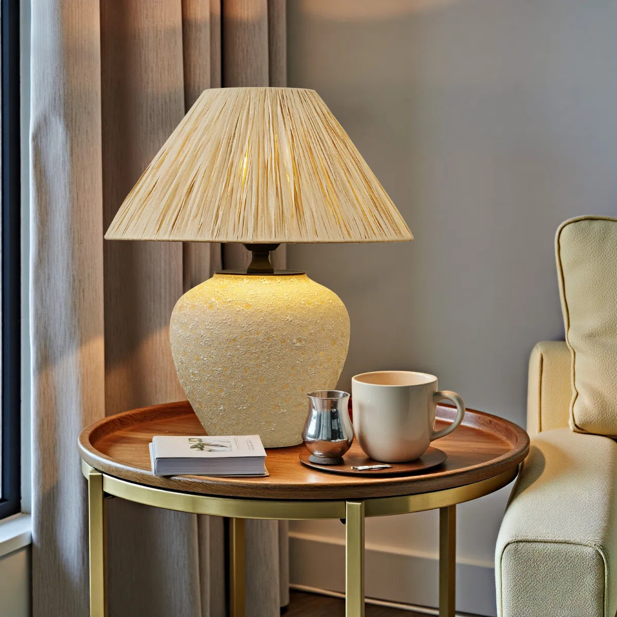 Vintage Beige Ceramic Table Lamp With 12.99 Inch Paper Raffia Shade, Plug-In | Wayfair North America