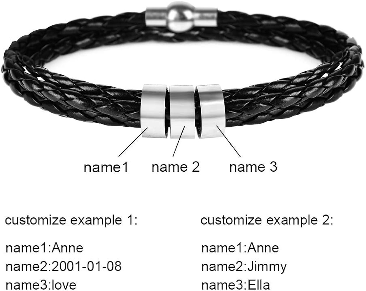 SOULSIS Mens Custom Bracelet Personalized Black Braid Leather Bracelets with 1-7 Names Engraved in C | Amazon (US)
