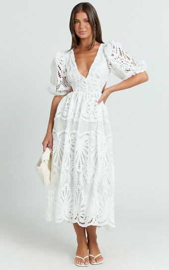 Anieshaya Midi Dress - V Neck Cut Out Lace Dress in White | Showpo (US, UK & Europe)