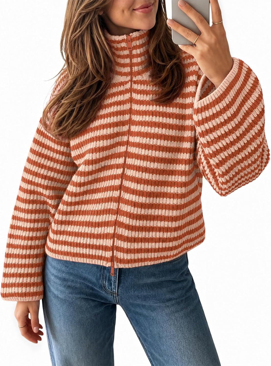 Saodimallsu Womens Striped Zip Up Sweaters Mock Neck 2026 Fall Trendy Casual Long Sleeve Loose Fit Knit Cardigan Tops | Amazon (US)