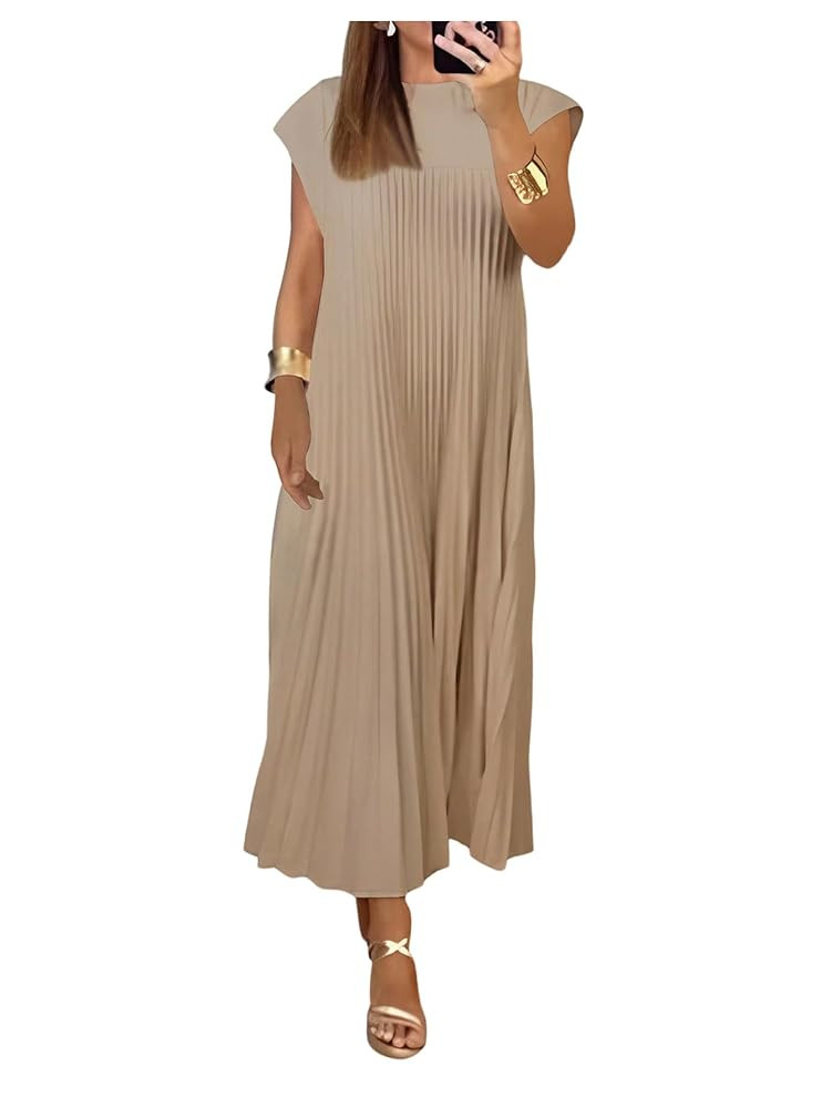 GORGLITTER Women's Pleated Church Maxi Dresses Summer Casual Short Sleeve Crew Neck Flowy Loose L... | Amazon (US)