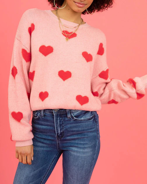 Fuzzy Hearts Knit Sweater - Pink | VICI