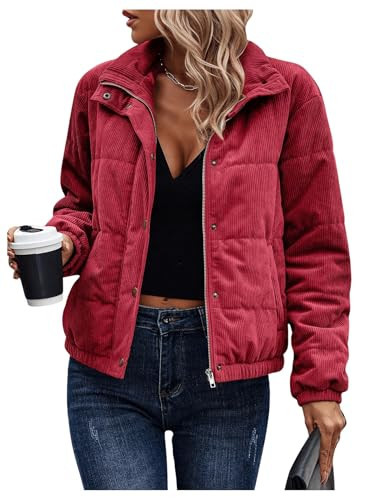 SOLY HUX Women's Corduroy Puffer Jacket Zip Up Snap Button Long Sleeve Padded Jackets Coat Pure Burgundy Small | Amazon (US)