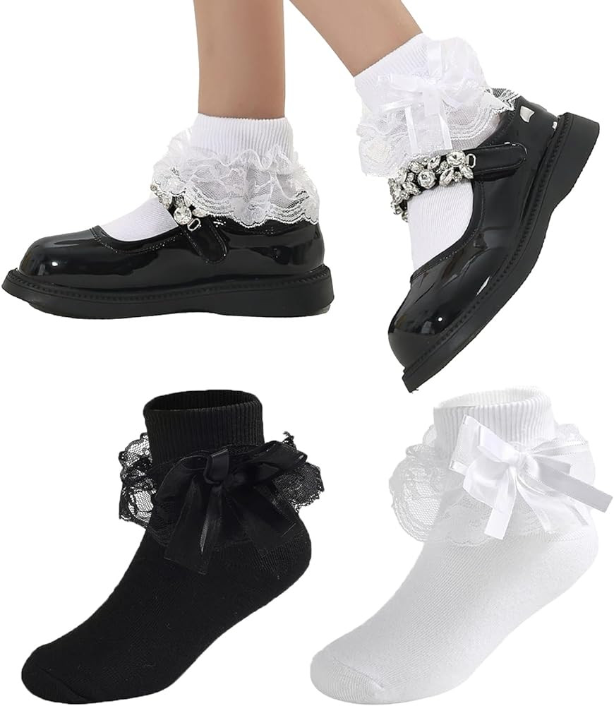 Baby Girls Socks Black and White Turn Cuff Lace Bow Ruffle Socks for Kids and Infants Toddlers | Amazon (US)