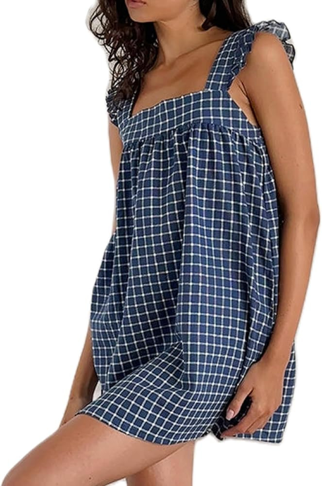 Women Summer Gingham Mini Dress Spaghetti Strap Square Neck Short Dress Y2k A Line Flowy Skater S... | Amazon (US)