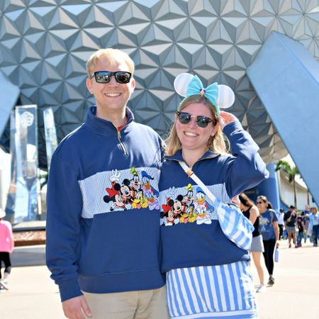 Disney world outfit. Mickey Mouse quarter zip and striped dress  