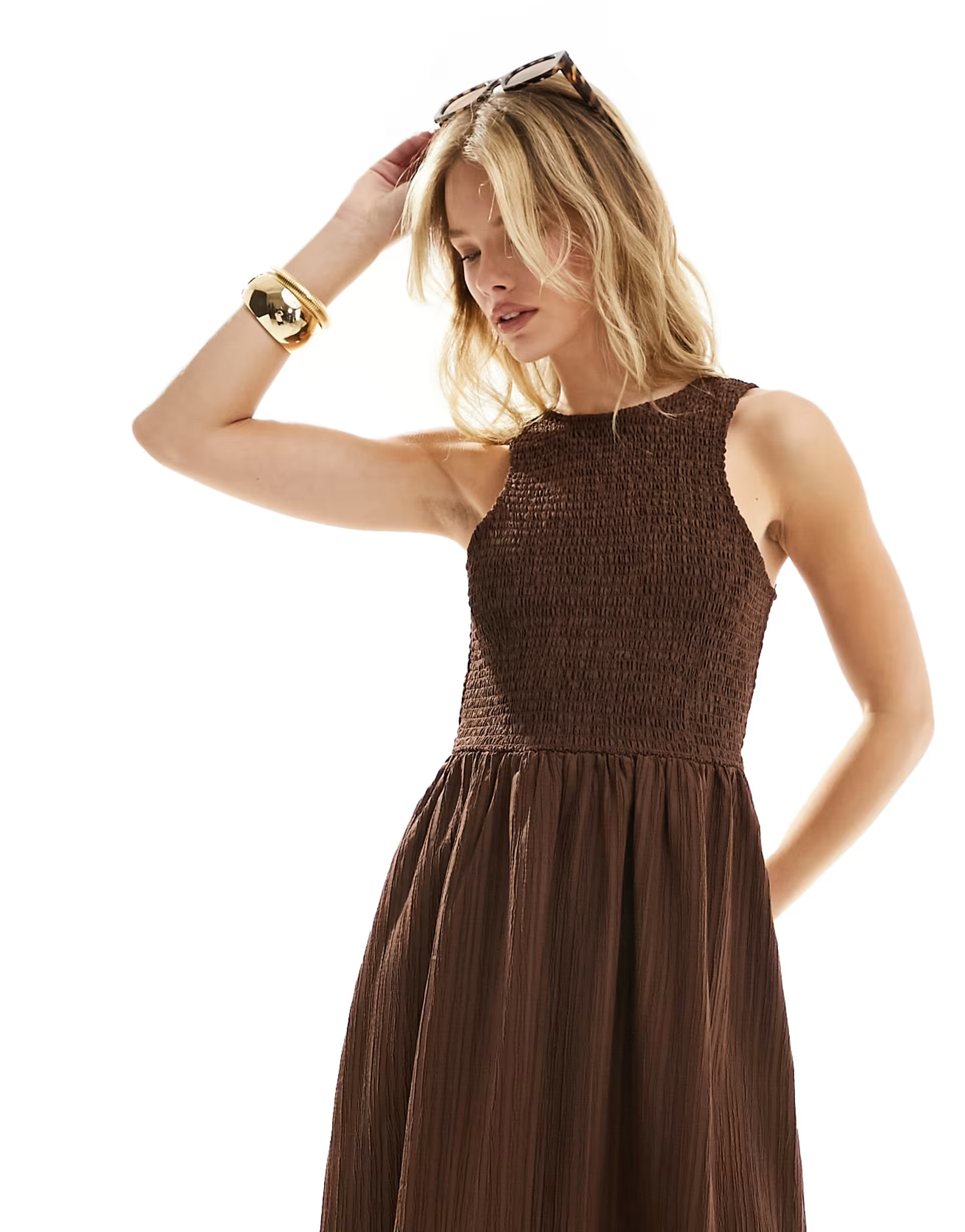 ASOS DESIGN racer crinkle midi sundress with scoop back in chocolate brown | ASOS (Global)
