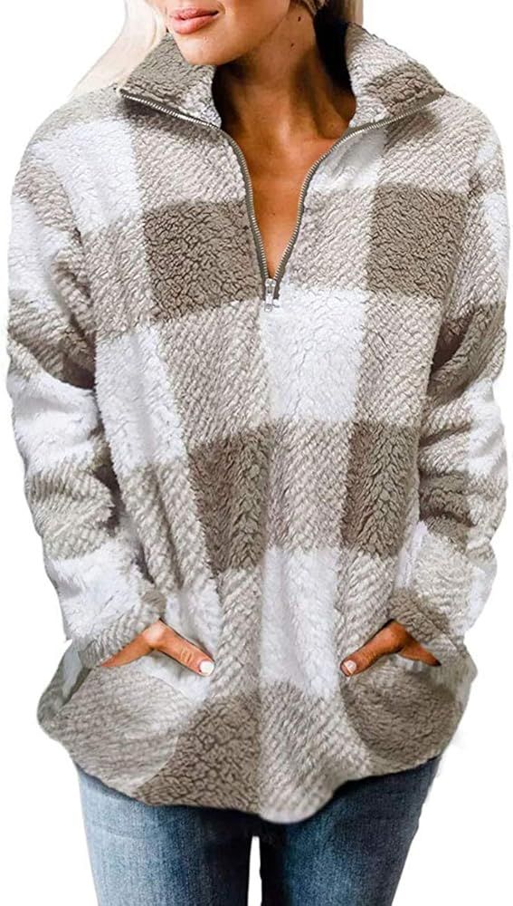 MEROKEETY Women's Plaid Sherpa Fleece Zip Sweatshirt Long Sleeve Pullover Jacket | Amazon (US)
