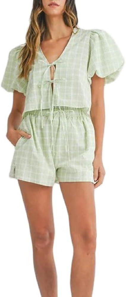 KMBANGI Women Y2K 2 Piece Shorts Set Peplum Puff Sleeve Babydoll Shirt Blouse Shorts Tie Front 2 ... | Amazon (US)