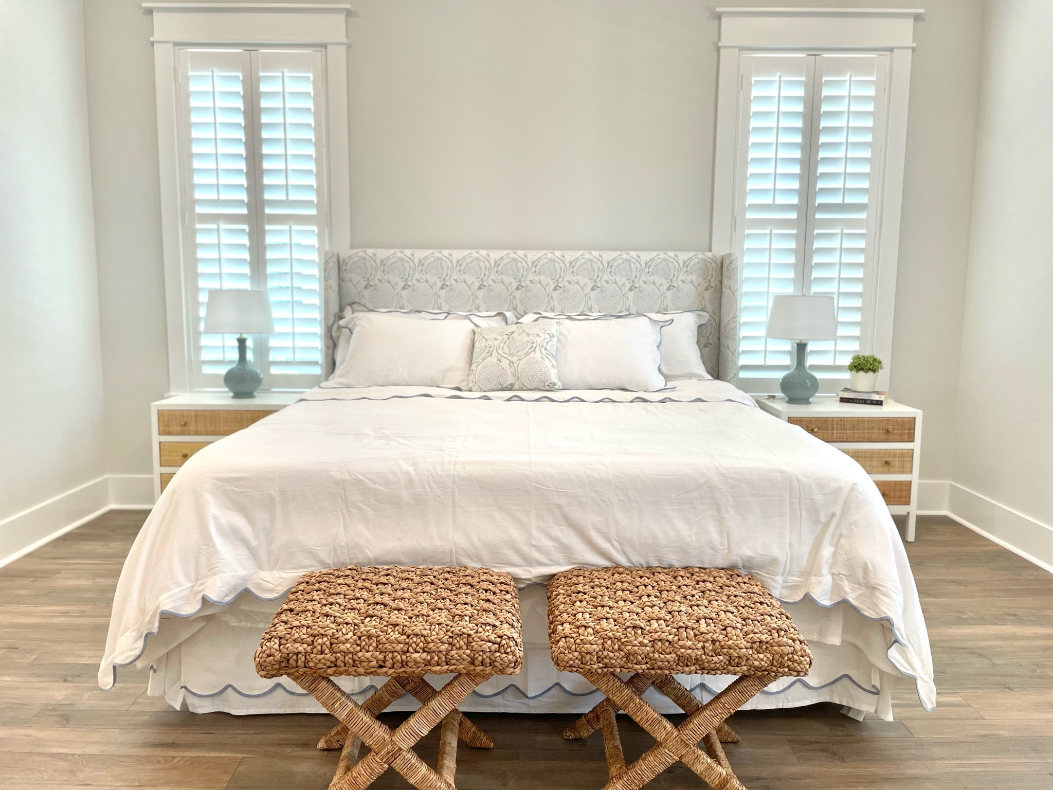 Floral headboard and matching pillow on sale coastal bedroom Master bedroom blue and white bedroom coastal home Serena and Lily sale Woven x bench stool scalloped bedding scalloped bed skirt Goird lamp on sale 

#LTKstyletip #LTKhome #LTKsalealert