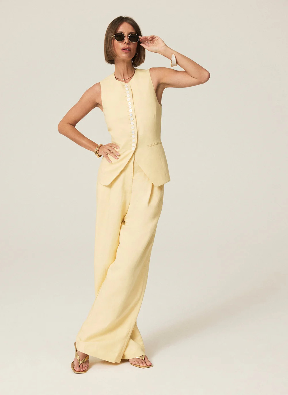 Yellow Linen Blend Pleated Wide Leg Trousers | Mint Velvet