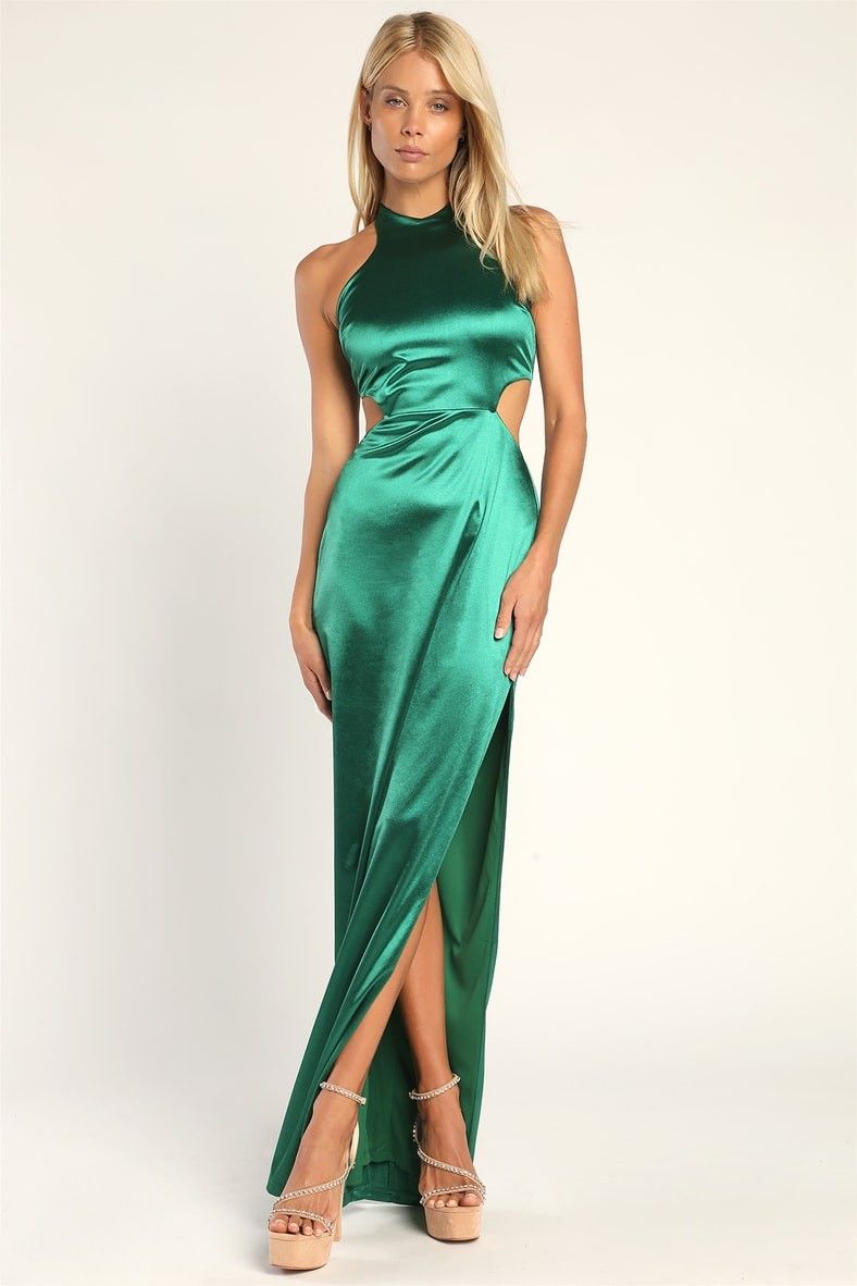 Just as Gorgeous Emerald Green Satin Halter Cutout Maxi Dress- Winter Wedding Guest | Lulus (US)