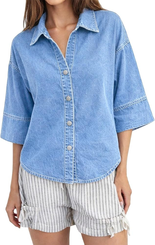Denim Shirt Women Oversized Button Down Jean Blouse 3/4 Sleeve Casual Lightweight Short Top V Nec... | Amazon (US)