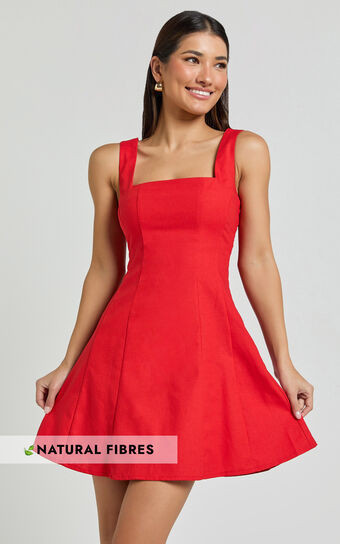Adiana Mini Dress - Linen Look Square Neck Shirred Back A Line Dress in Red | Showpo (ANZ)