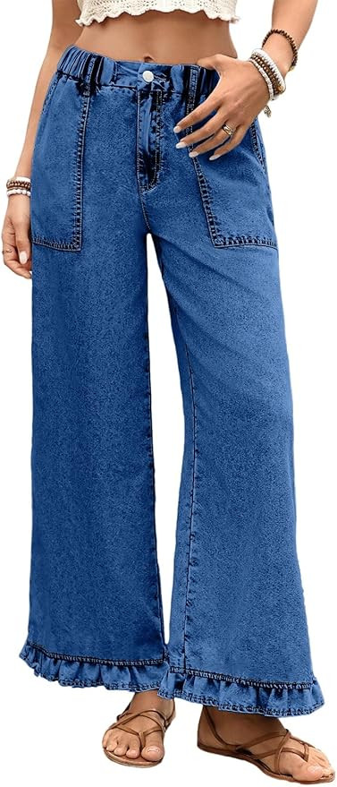 Astylish Wide Leg Jeans for Women Stretch High Wasited Baggy Trendy Denim Jean Ruffle Hem Pants | Amazon (US)
