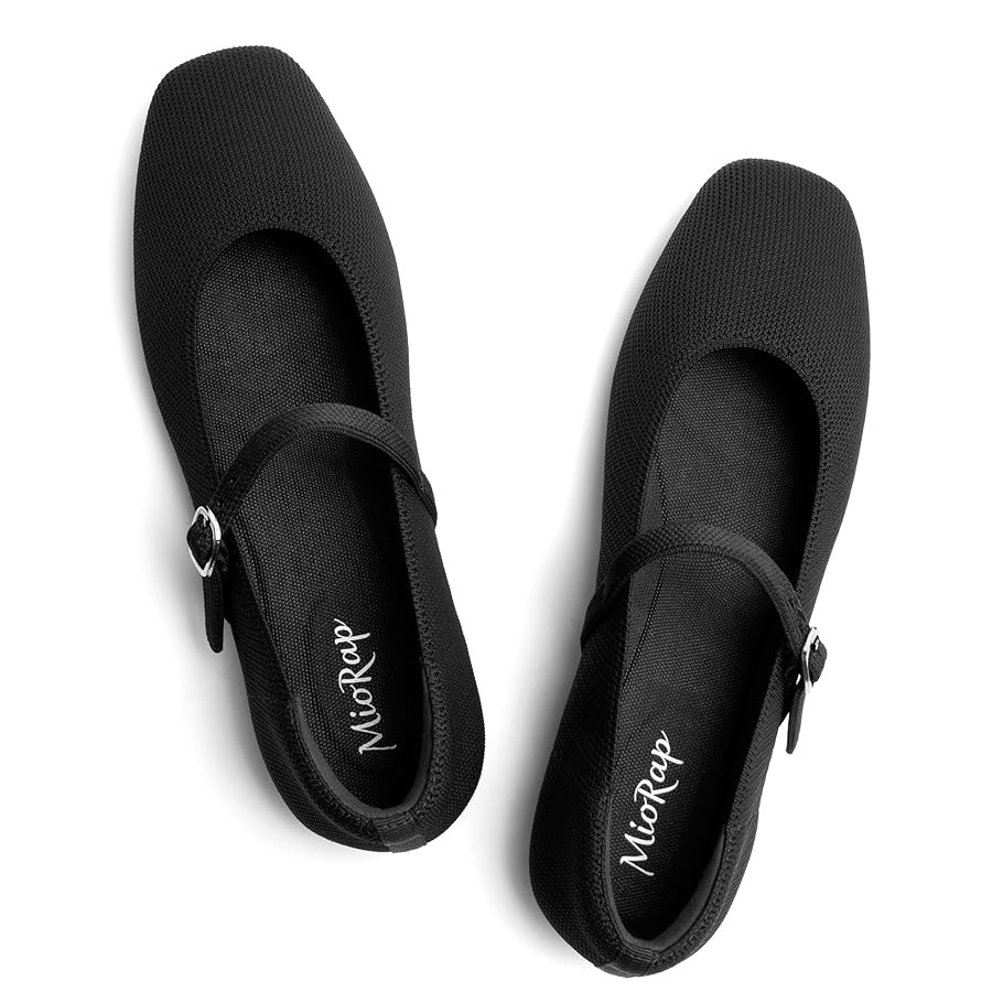 Square Toe Mary Jane Flats for Women Dressy Comfortable Knit Ballet Flat Adjustable Strap for Wor... | Amazon (US)