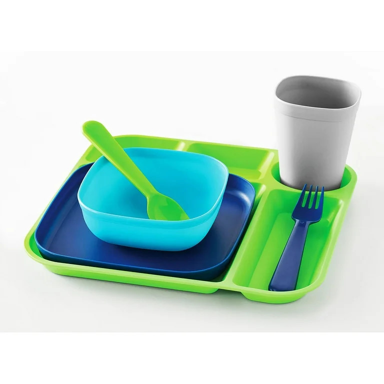 Your Zone 24 Piece Plastic Dinnerware Set for Kids with 4 each Trays, Bowls, Plates, Cups, Forks,... | Walmart (US)
