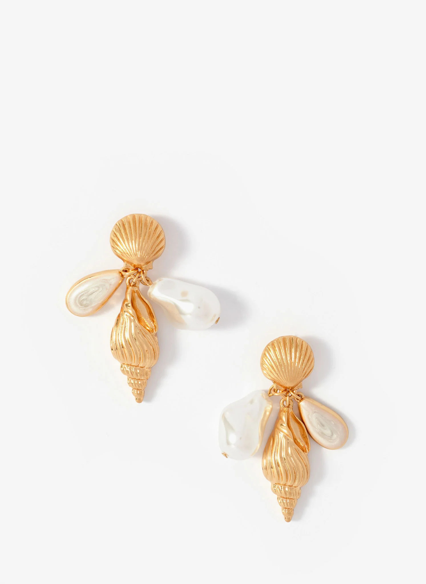 Gold Tone Shell Pearl Drop Earrings | Mint Velvet