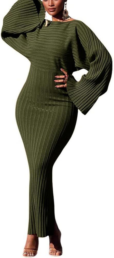 chouyatou Women's Sexy Bell Long Sleeve Sweater Dress Bodycon Ribbed Knit Maxi Pullover Sweater D... | Amazon (US)