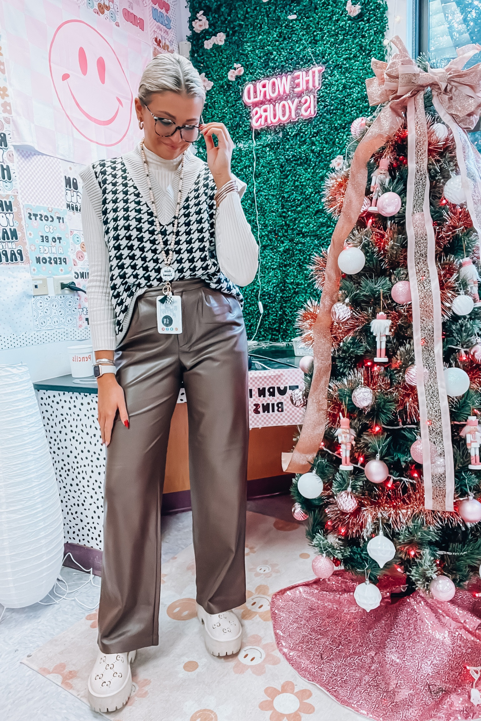 Teacher ootd 
Pants: size 4, tall 
Sweater vest: size large for an oversized fit 
Shoes run tts and are so comfy 
Size reference 5’8” 155ID, size 28in waist  

#LTKSeasonal #LTKworkwear #LTKstyletip