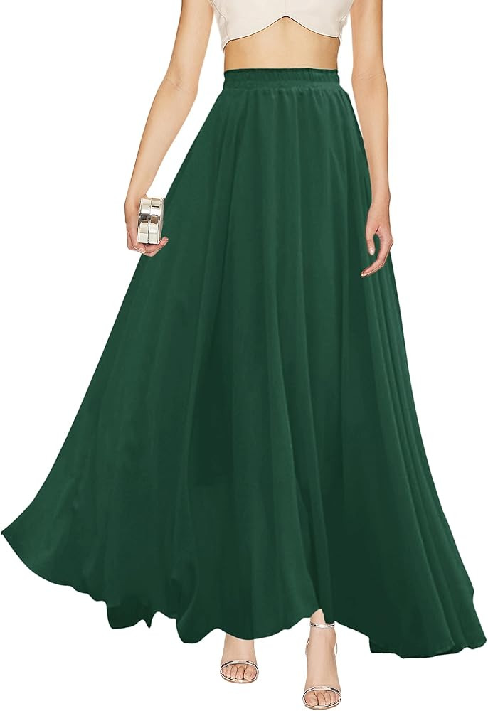v28 Women Full/Ankle Length Elastic Pleated Retro Maxi Chiffon Long Skirt | Amazon (US)