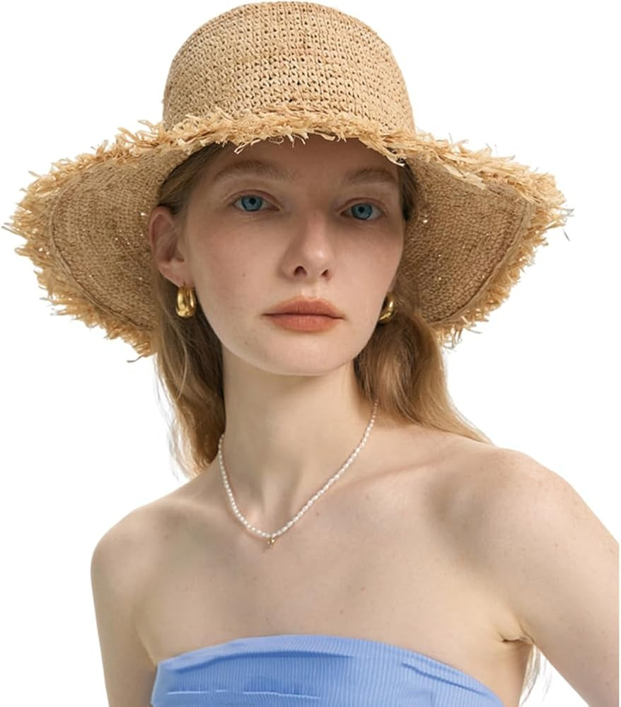 Women's Raffia Straw Hat Summer Beach Bucket Hat Handmade Natural Raffia Woven Sun Hats Foldable ... | Amazon (US)