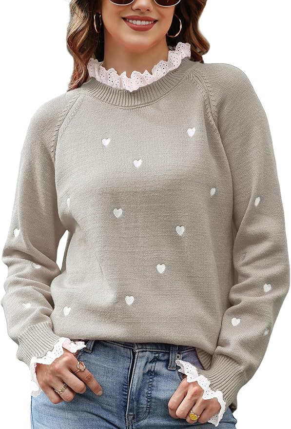 Heart Lace Sweater for Women Cute Fall Pullover Trendy Valentine Sweaters Long Sleeve Casual Knit... | Amazon (US)