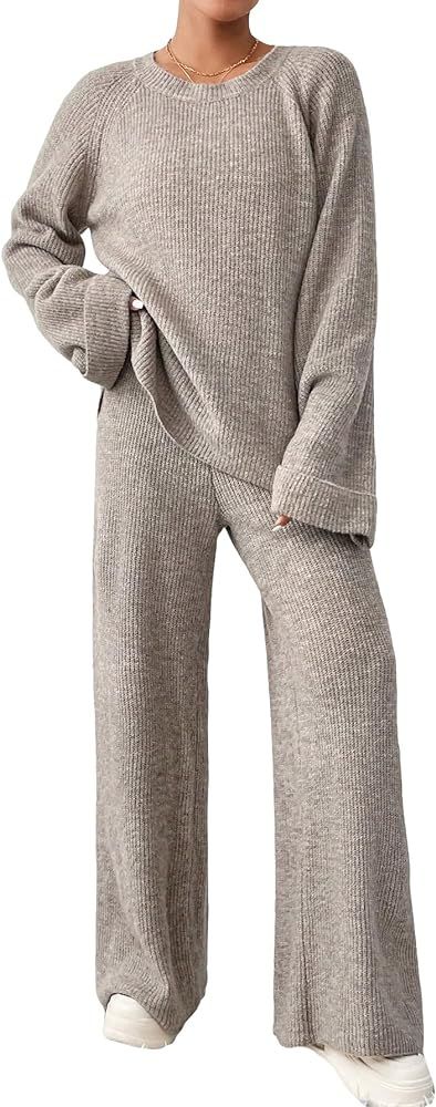 MakeMeChic Women's 2 Piece Pajamas Lounge Set Long Sleeve Rib Knitted Sweater Pants Tracksuit | Amazon (US)