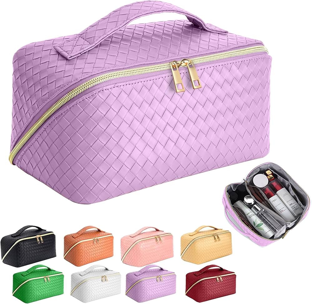 ZAUKNYA Large Capacity Travel Cosmetic Bag - Makeup Bag, Portable Leather Waterproof Women Travel... | Amazon (US)