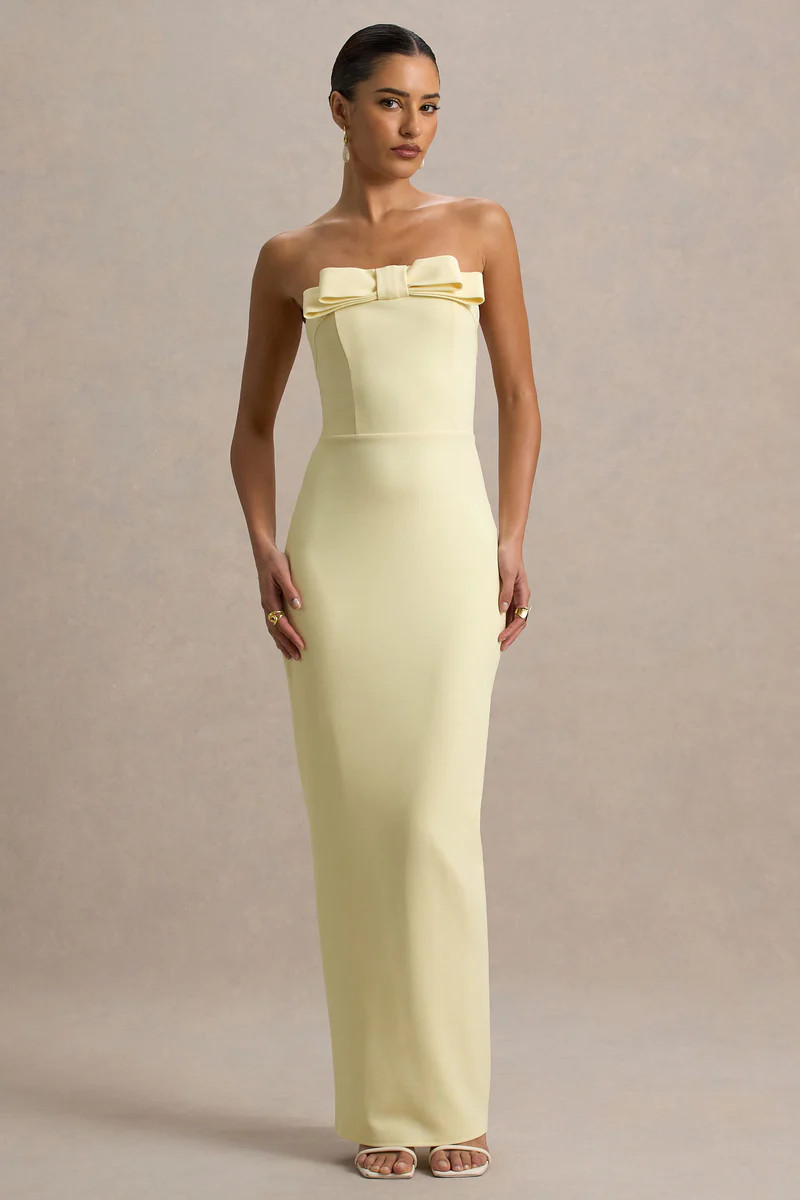 Hallie  Lemon Bandeau Maxi Dress With Bow Detail | Club L London